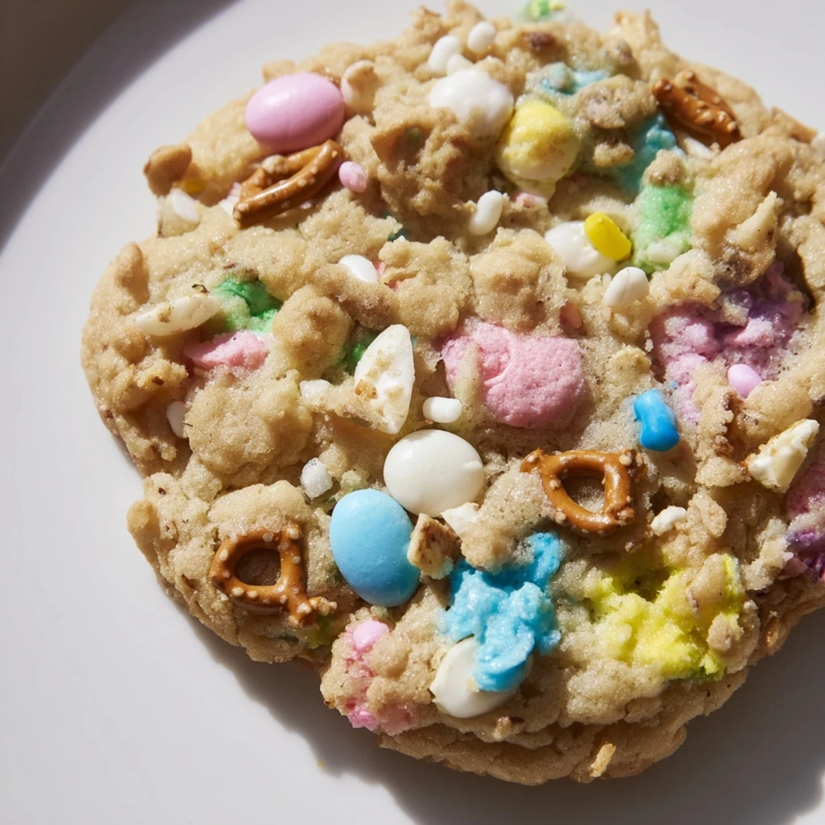 Chewy Easter Trash Cookies loaded with pastel candies, pretzels, and colorful sprinkles on a rustic baking sheet