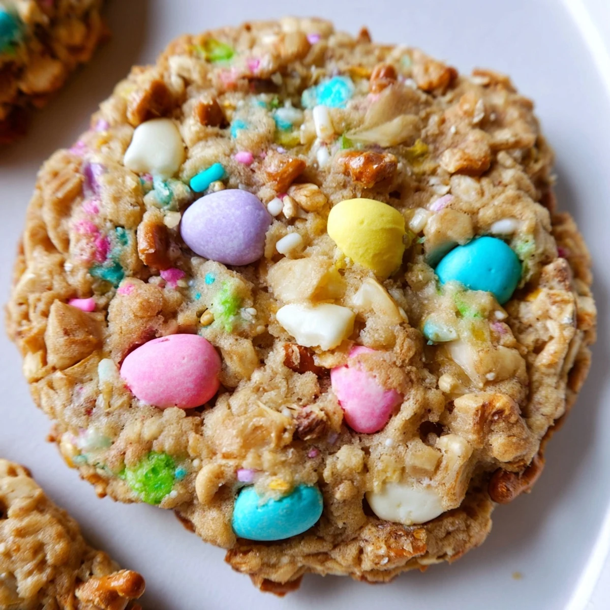 Golden Easter Trash Cookies with melty white chocolate chips and crunchy pretzel bits stacked on a plate