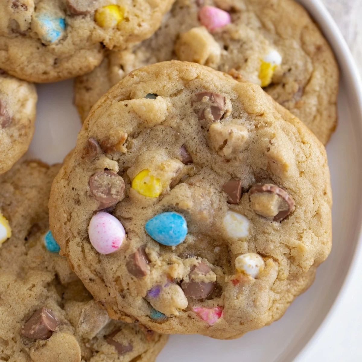 Soft Cadbury Egg Cookies with golden edges on a rustic baking sheet