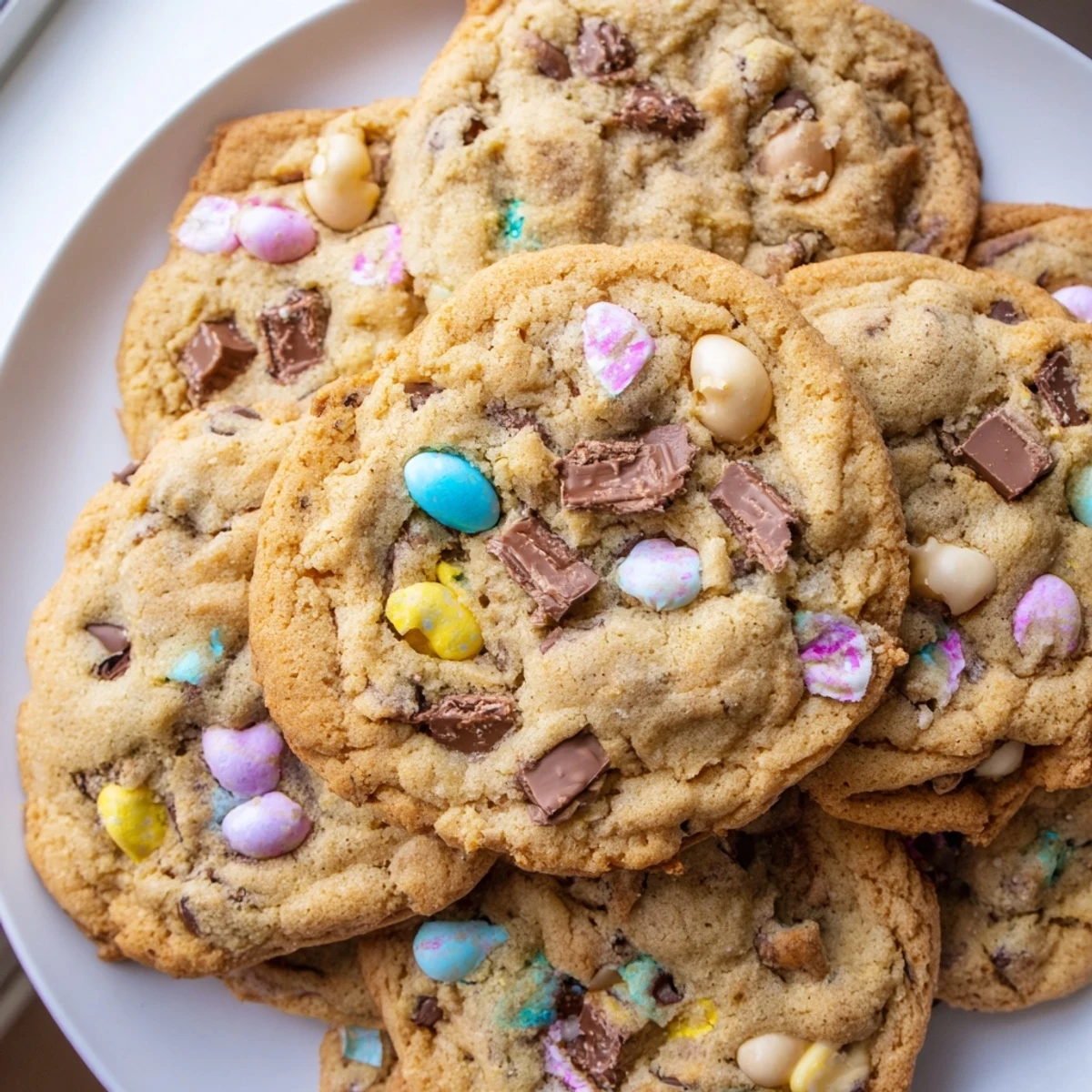 Chewy Cadbury Egg Cookies studded with colorful chocolate eggs and melty chips
