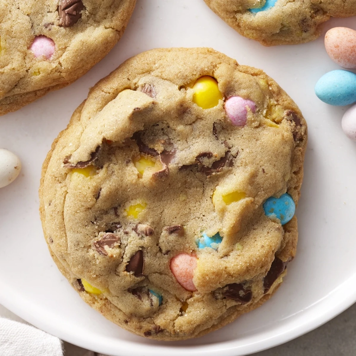 Warm Cadbury Egg Cookies cooling on a wire rack with pastel candy pieces