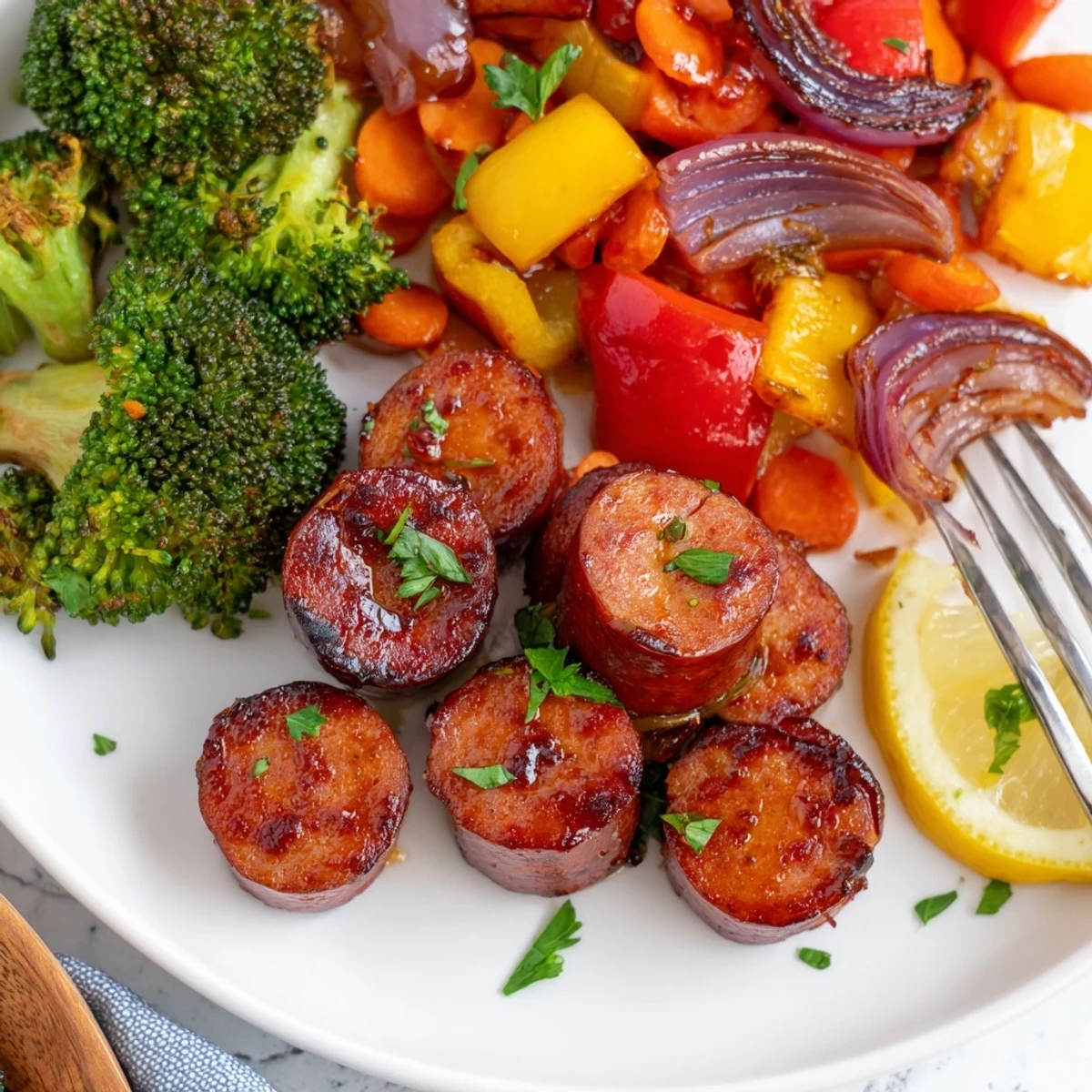 Golden honey garlic kielbasa with roasted vegetables glistening on a sheet pan