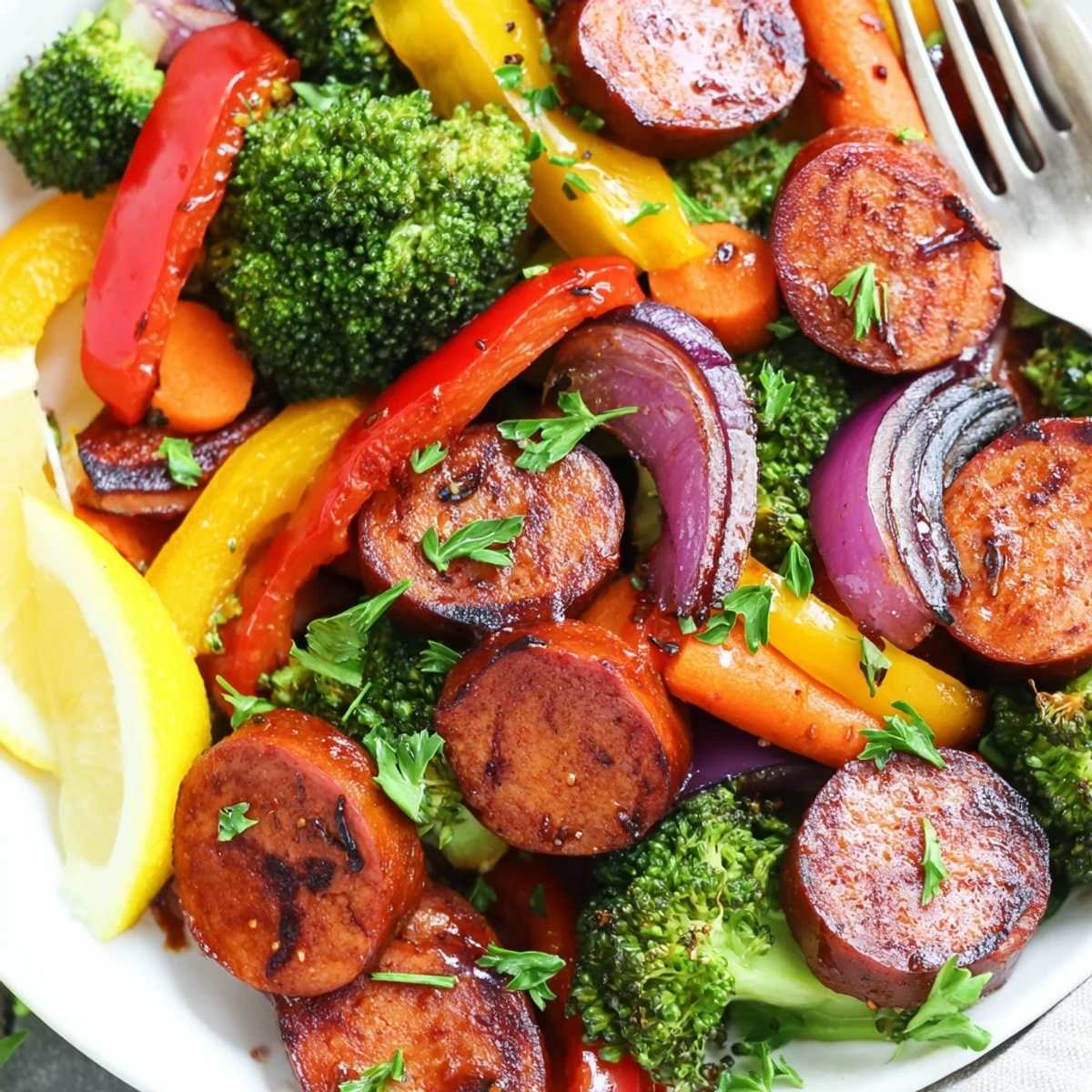 Colorful roasted vegetables and sliced kielbasa coated in sticky honey garlic glaze