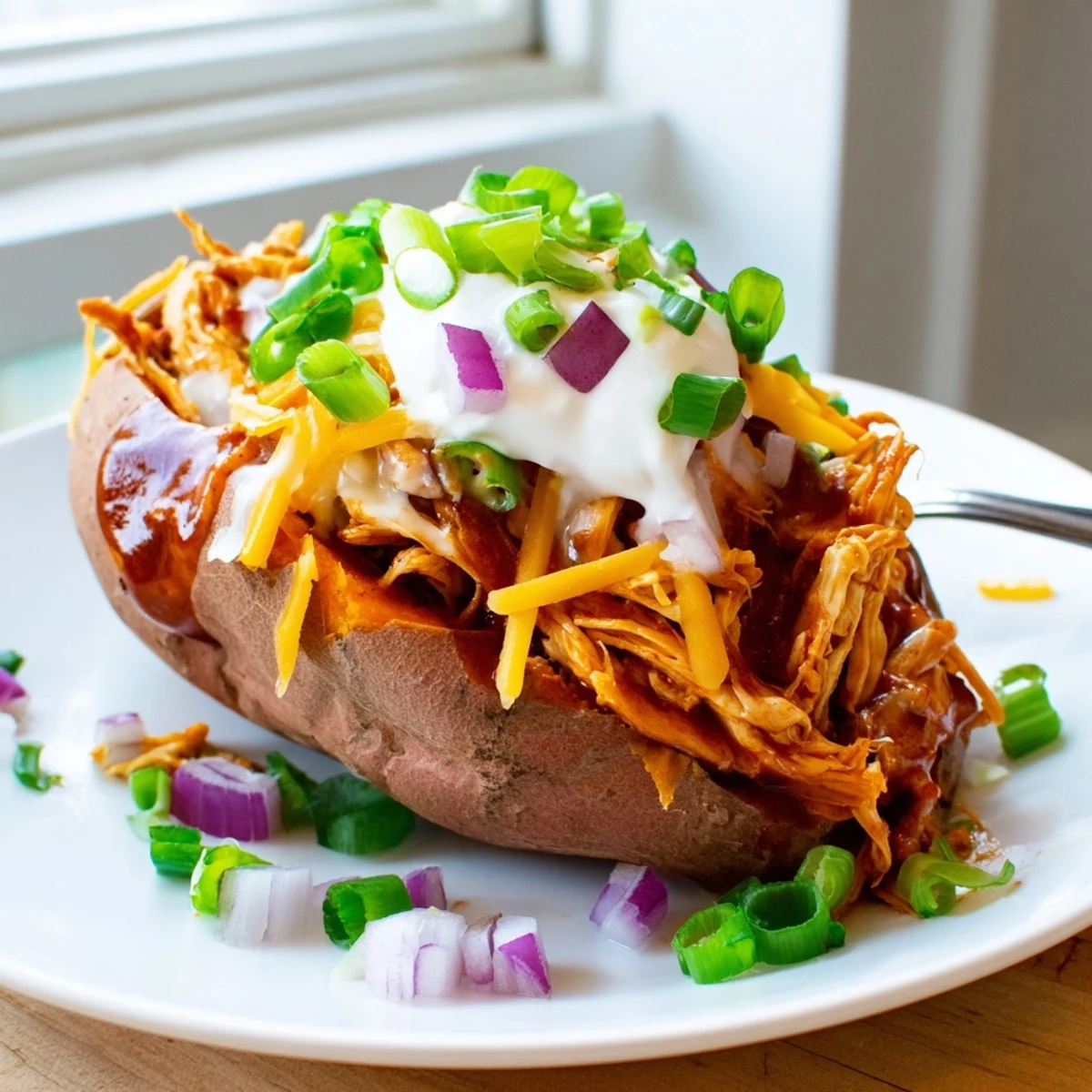 Tender roasted sweet potato split open and piled high with smoky BBQ chicken and melted cheddar cheese