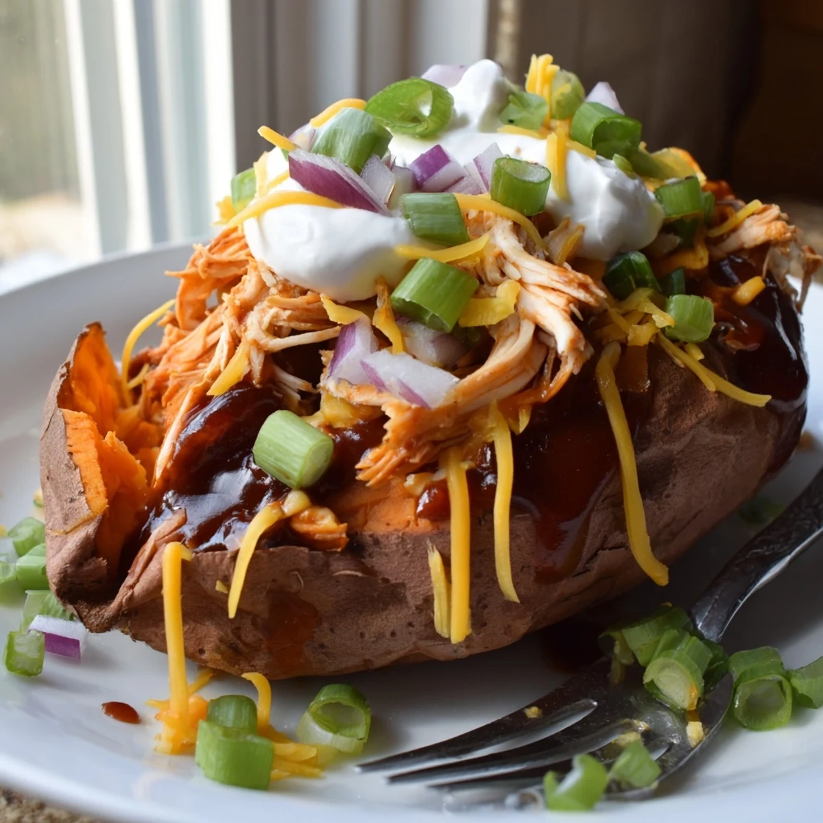BBQ chicken stuffed sweet potatoes topped with green onions and a creamy sour cream dollop