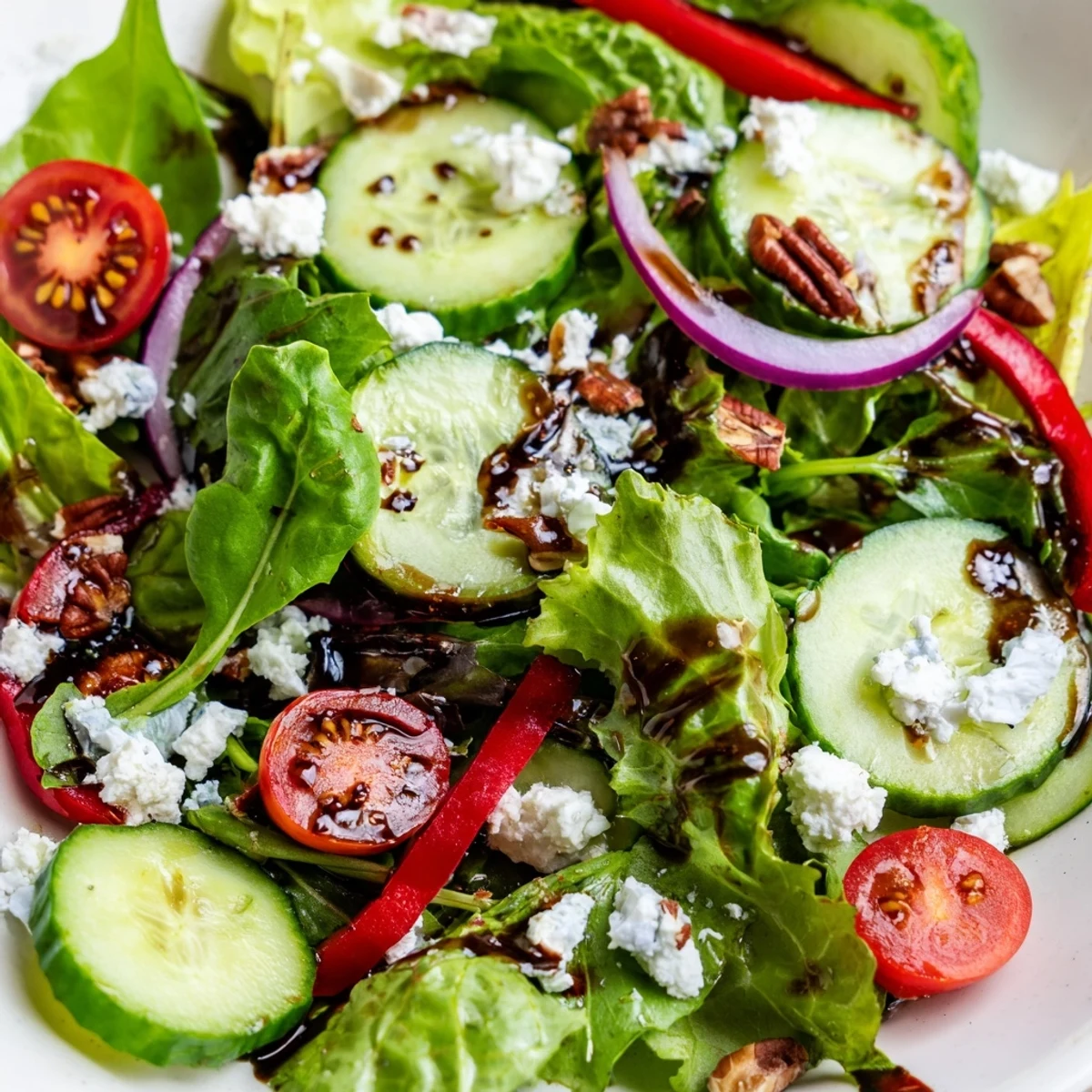 Crisp spring mix salad topped with crumbled feta cherry tomatoes and toasted pecans
