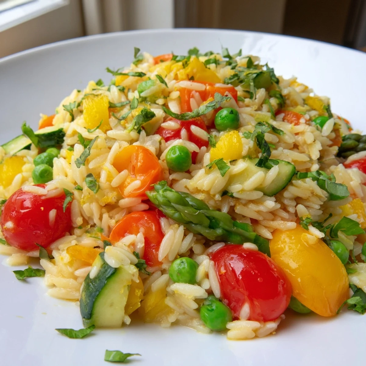 Creamy Orzo Primavera tossed with colorful spring vegetables and fresh herbs in a skillet