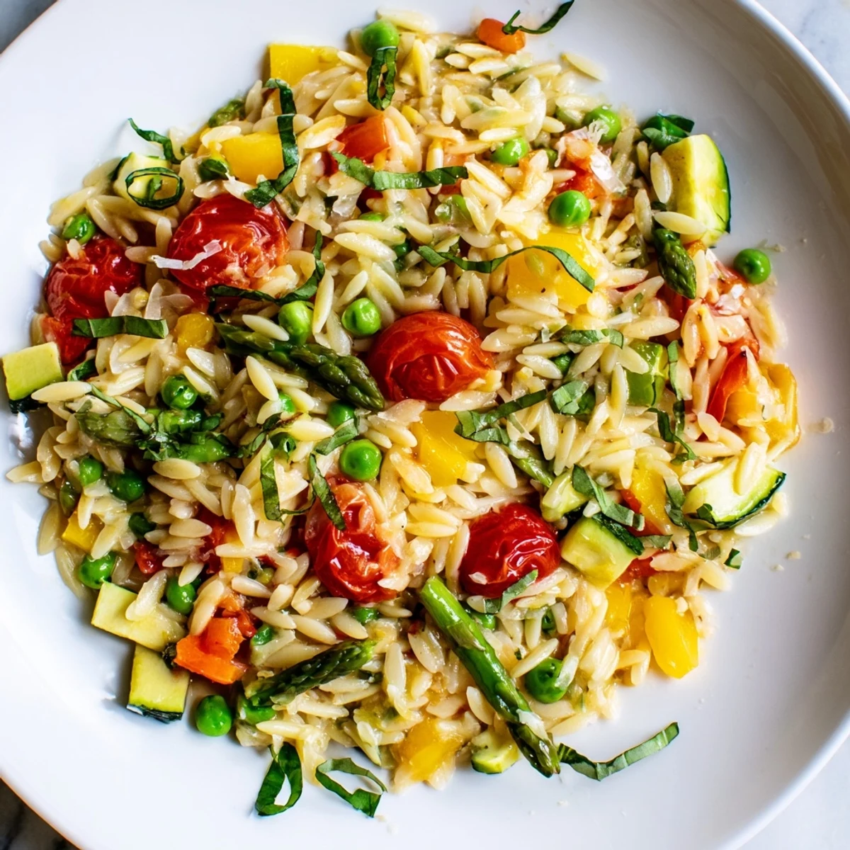 Orzo Primavera in a white bowl topped with shaved Parmesan and bright green asparagus