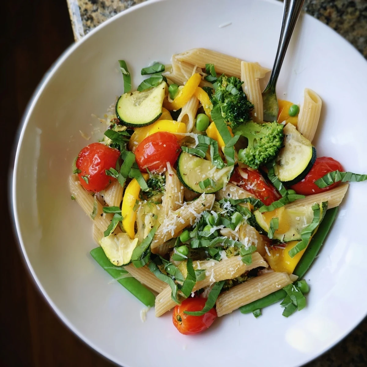 Colorful Pasta Primavera loaded with fresh spring vegetables in a light garlic sauce