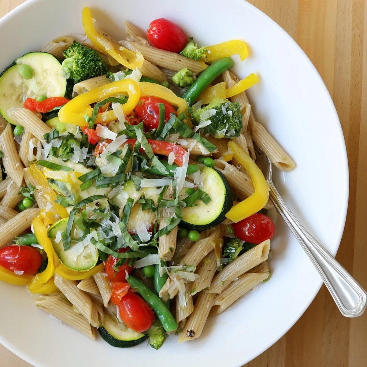 Creamy Pasta Primavera tossed with crisp-tender veggies and finished with Parmesan cheese