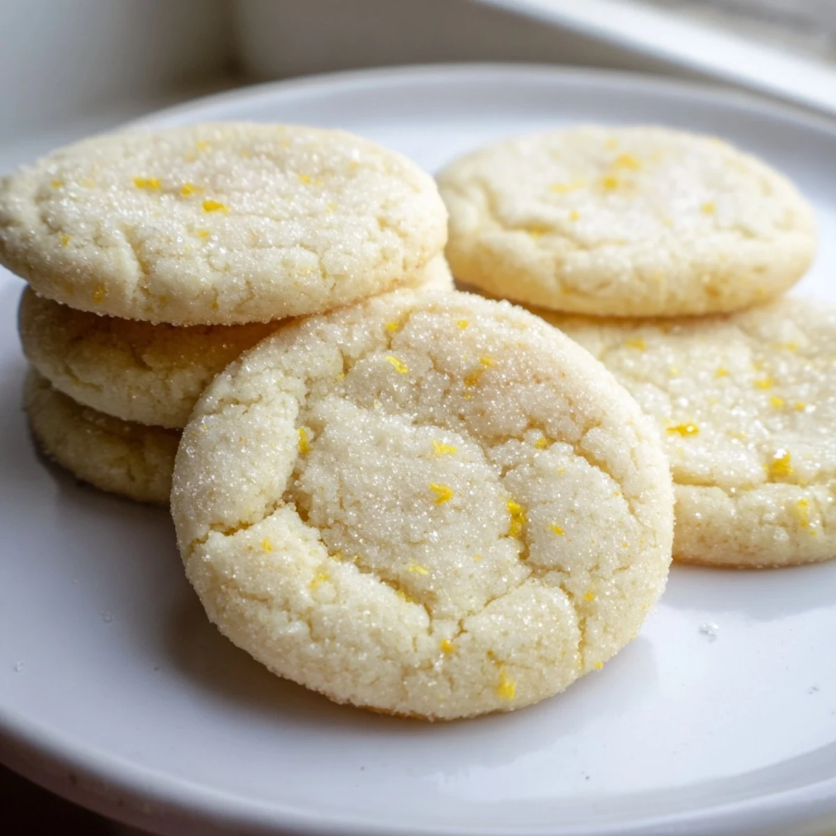 Golden lemon sugar cookies with crackly sugar coating fresh from the oven