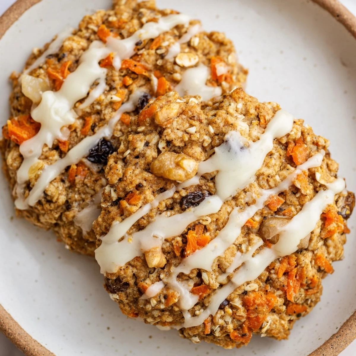 Soft spiced brown butter carrot cake cookies studded with oats and raisins stacked on a plate