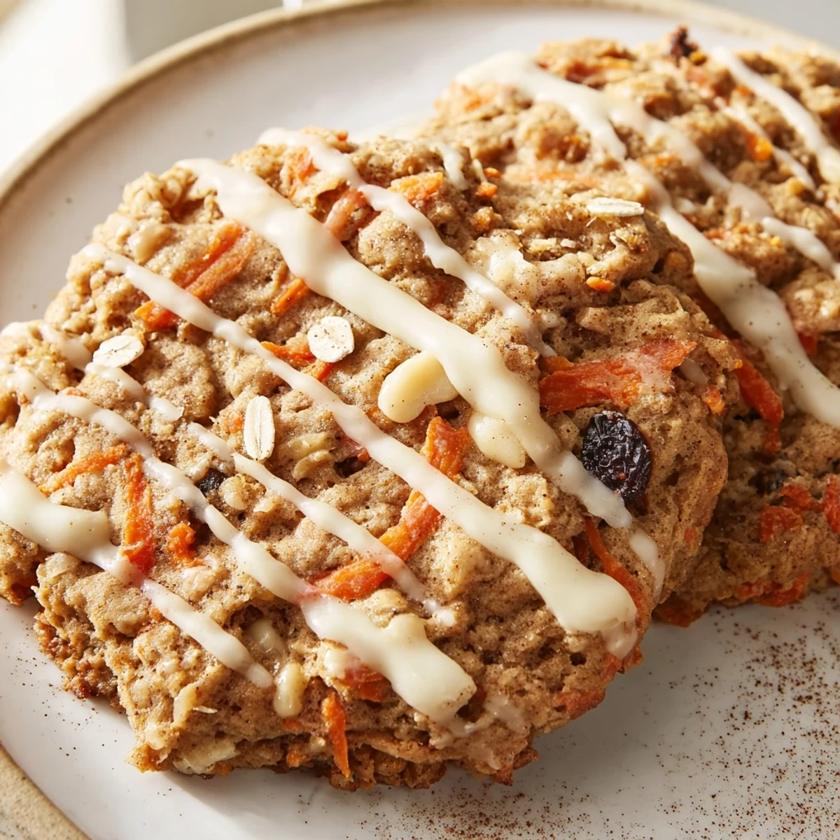 Chewy brown butter carrot cake cookies drizzled with cream cheese glaze on a cooling rack