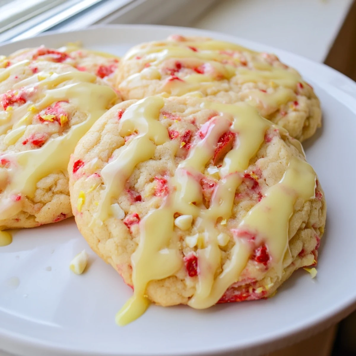 Soft strawberry lemonade cookies with pink fruit bits drizzled in bright citrus glaze