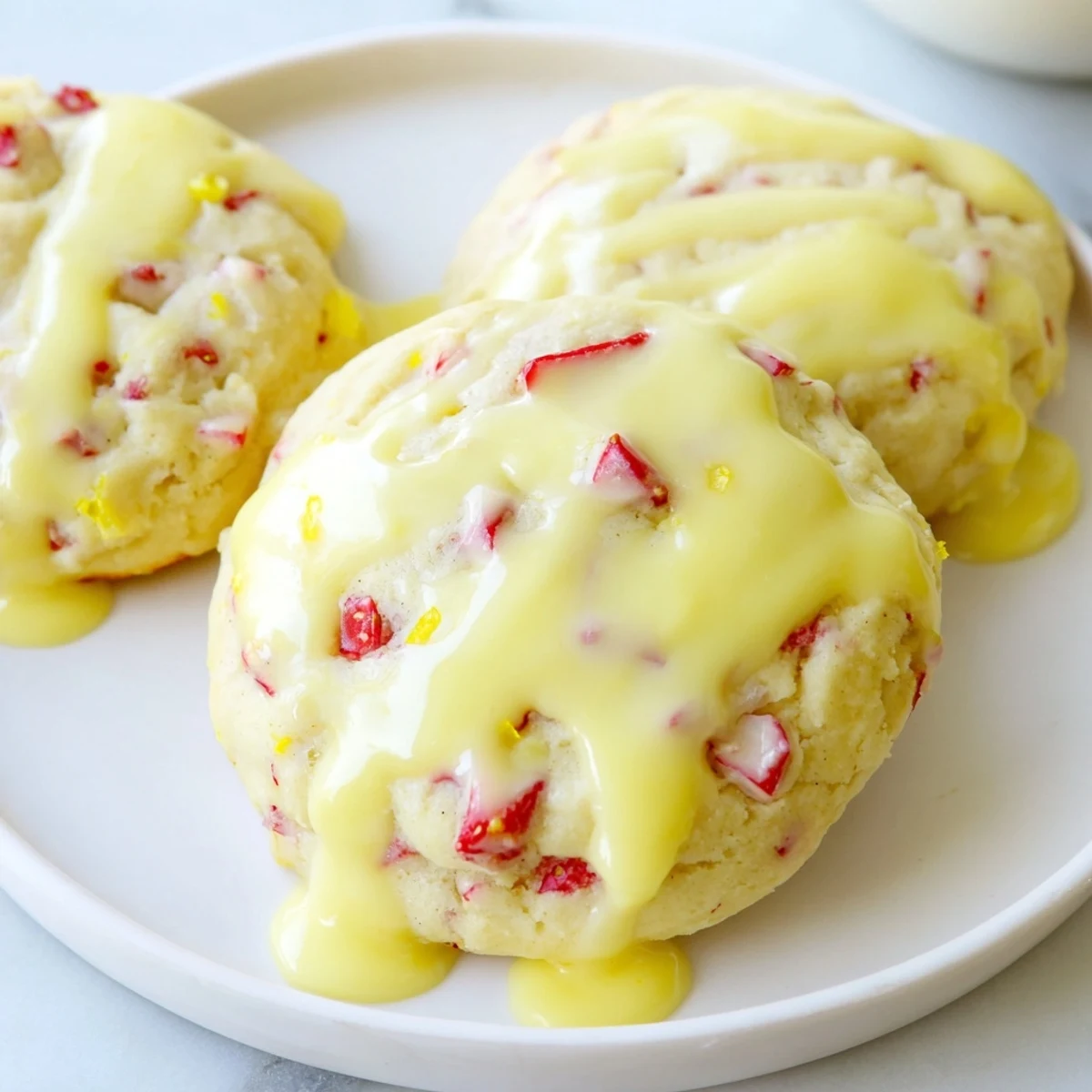 Golden strawberry lemonade cookies studded with juicy berries on a rustic parchment sheet