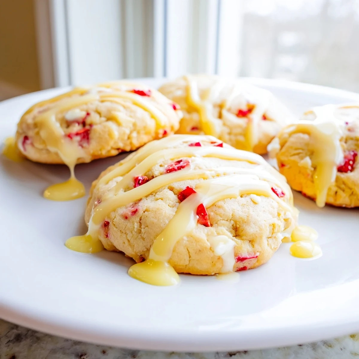 Chewy strawberry lemonade cookies flecked with zest topped with a sweet lemon glaze