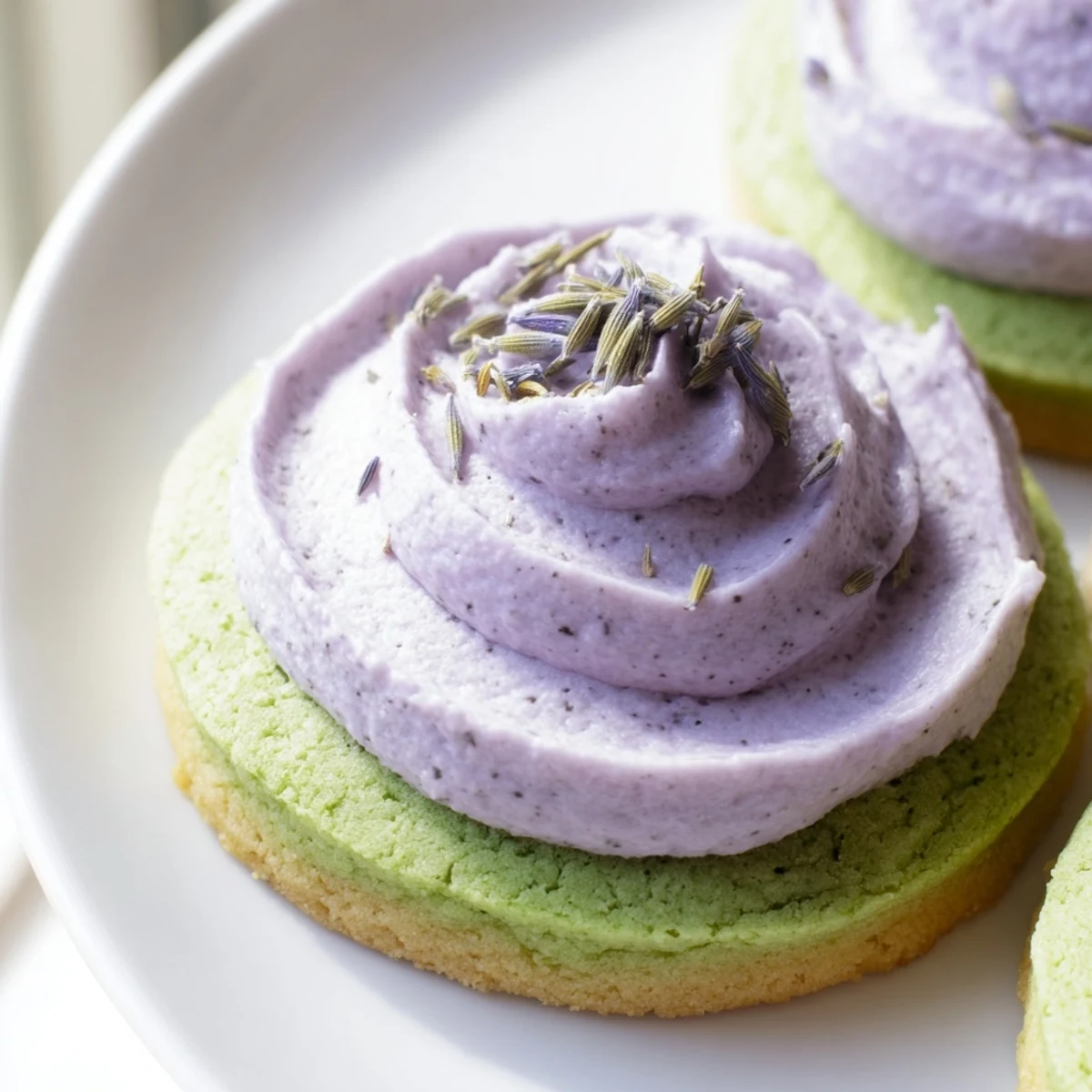 Elegant matcha sugar cookies topped with creamy purple lavender buttercream arranged for afternoon tea