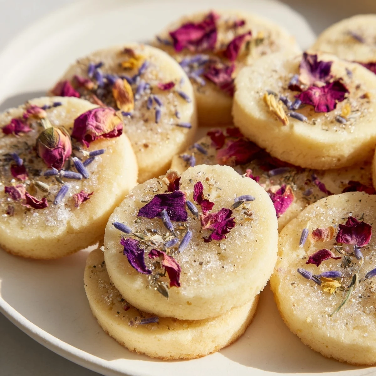 Golden Spring Blossom Cookies topped with colorful edible flowers on a rustic ceramic plate