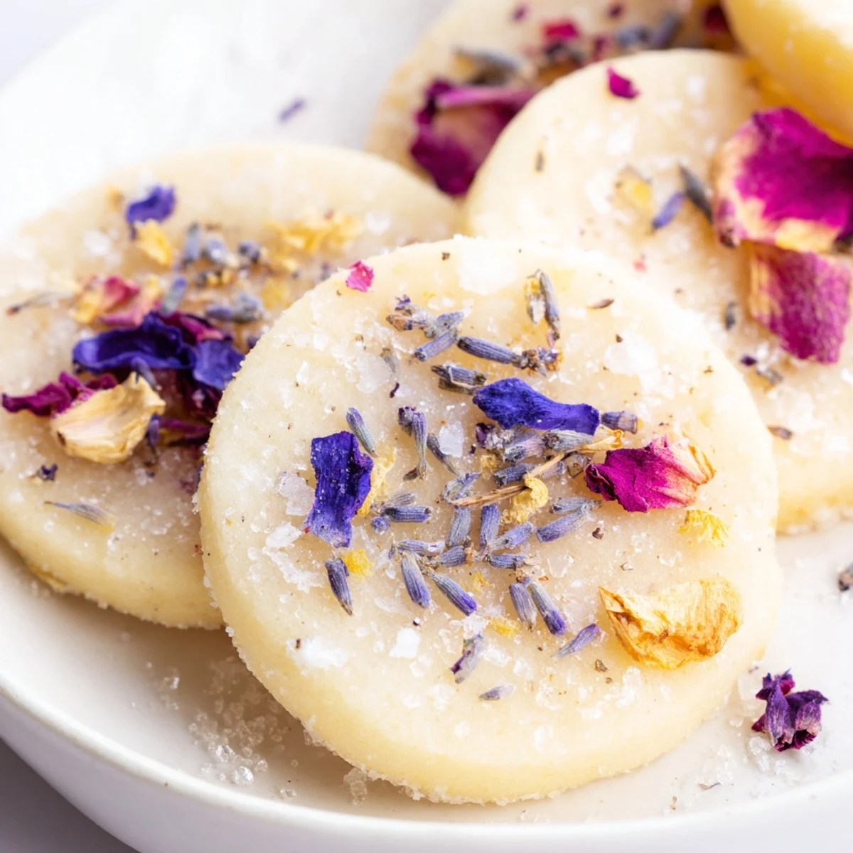 Buttery Spring Blossom Cookies arranged on parchment with delicate purple and pink floral garnishes