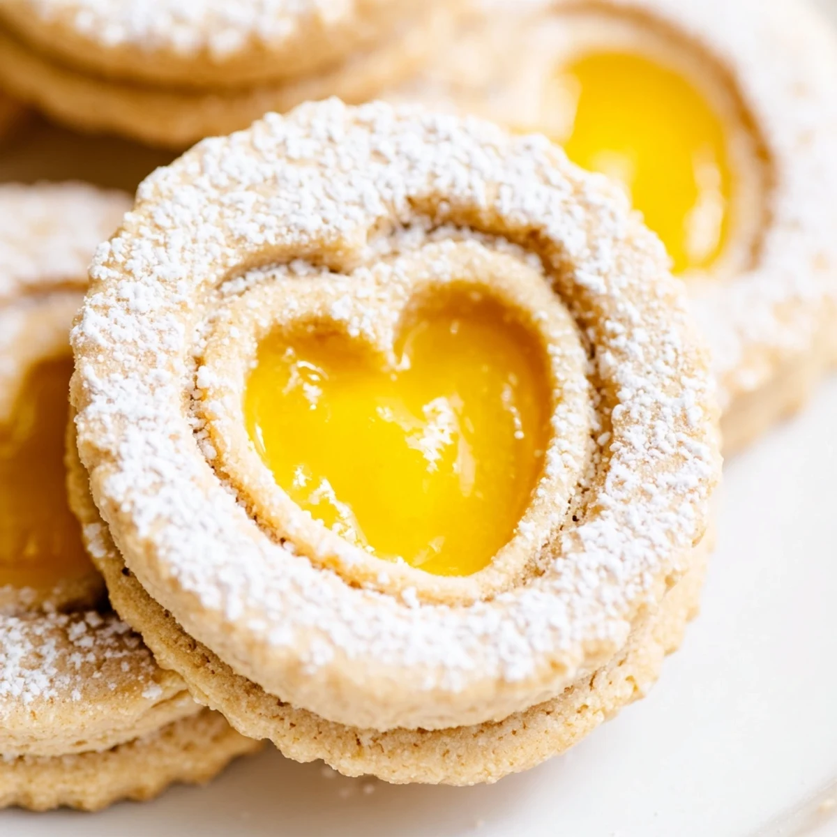 Meyer Lemon Curd Linzer Cookies dusted with powdered sugar reveal golden almond shortbread layers