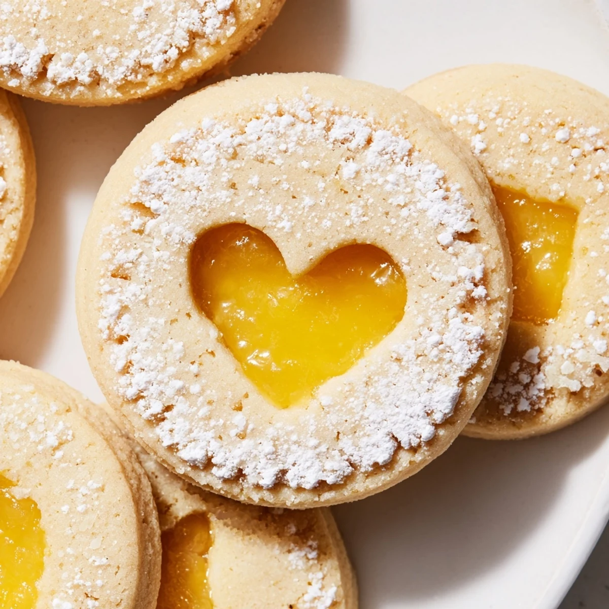 Delicate Meyer Lemon Curd Linzer Cookies with cutout windows show bright citrus filling inside