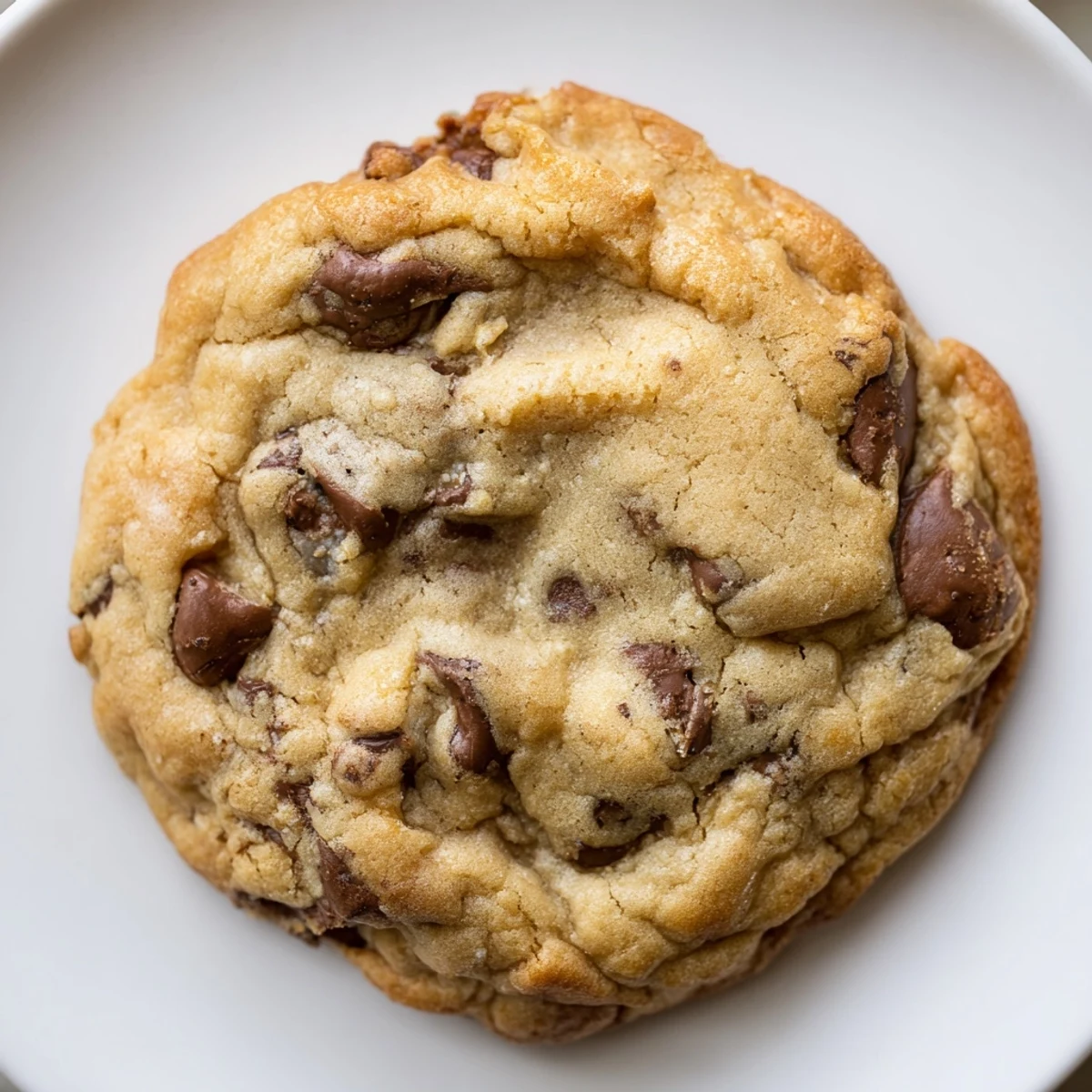 Soft nut free chocolate chip cookies with golden edges on a rustic white plate