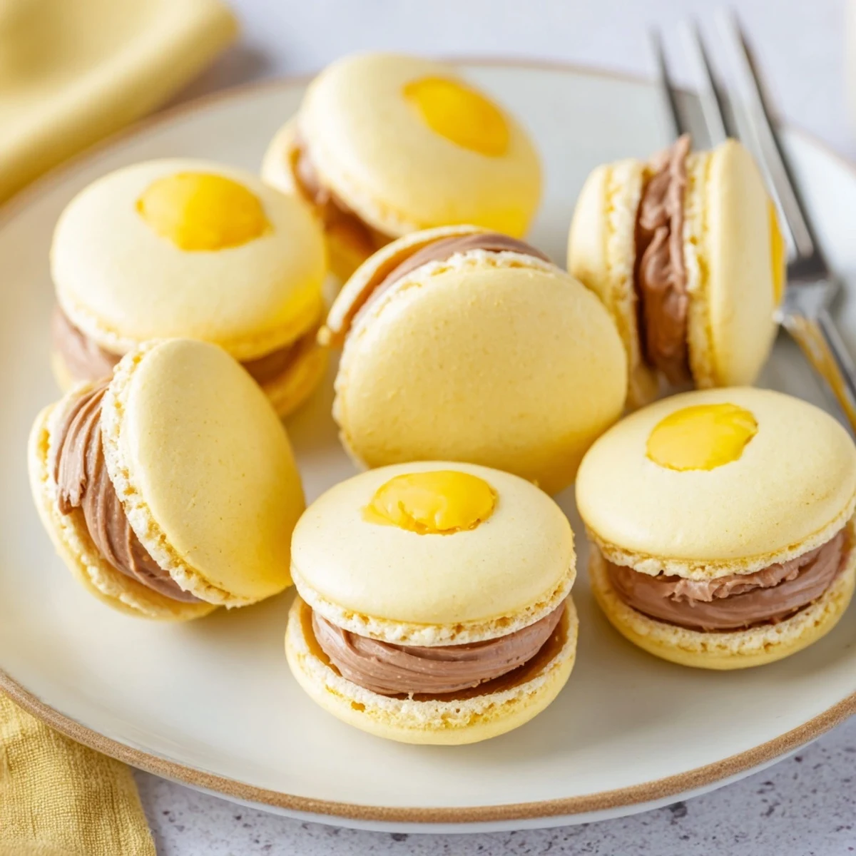 Cadbury Egg macarons with creamy chocolate filling peeking from smooth almond shells