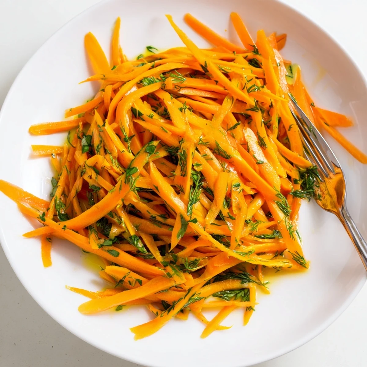 Bright orange carrot ribbons tossed with fresh dill and zesty lemon marinade