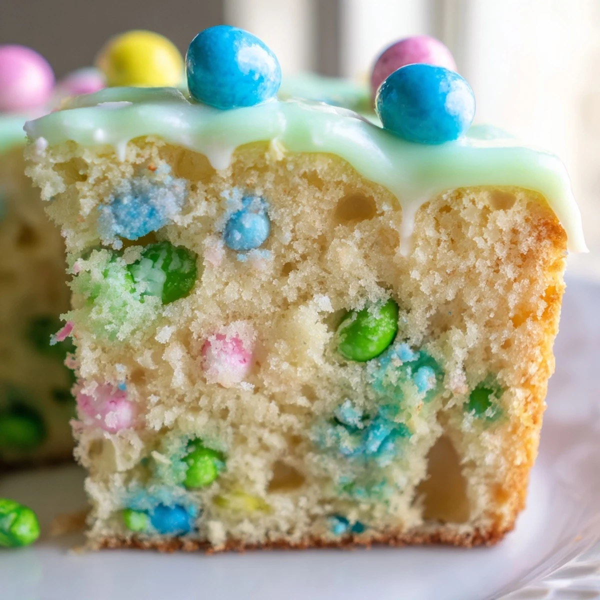 Robin Egg Snack Cake with pastel glazed topping and colorful candy-coated chocolates scattered throughout