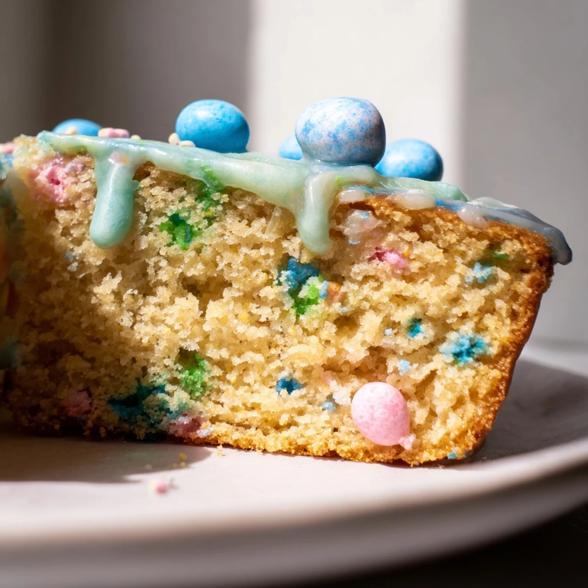 Tender vanilla Robin Egg Snack Cake slice showing speckled candy pieces nestled in soft crumb