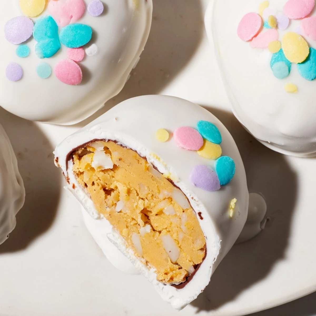 Creamy Banana Pudding Easter Truffles coated in white chocolate with colorful sprinkles