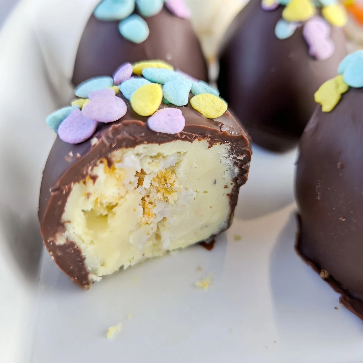 Homemade Banana Pudding Easter Truffles with smooth centers, ready for spring holiday serving
