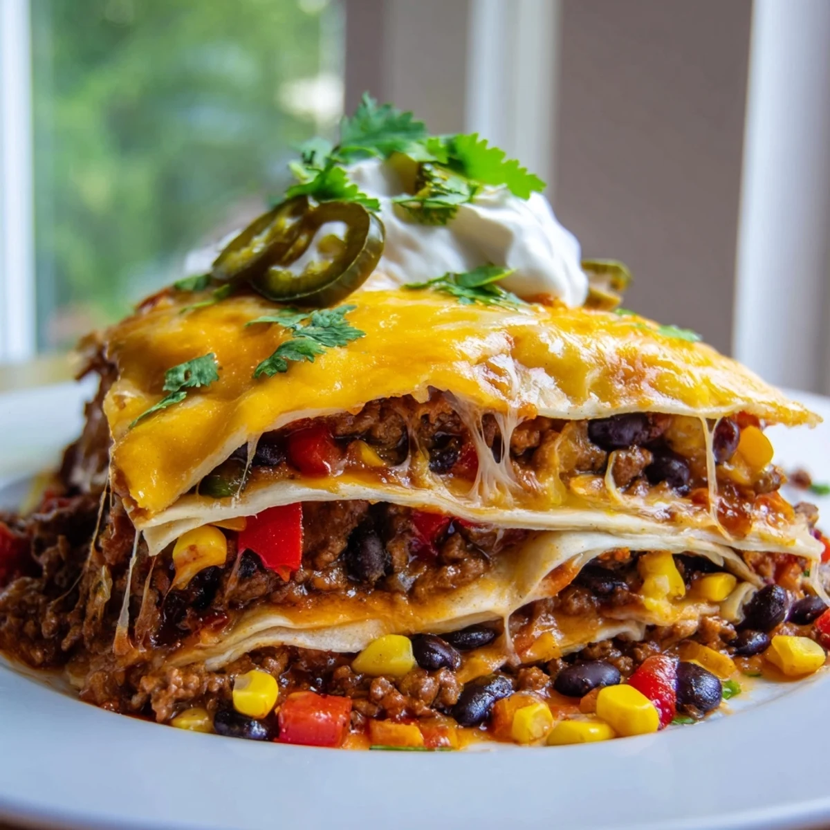 Golden melted cheese tops this hearty Mexican lasagna with layers of seasoned beef
