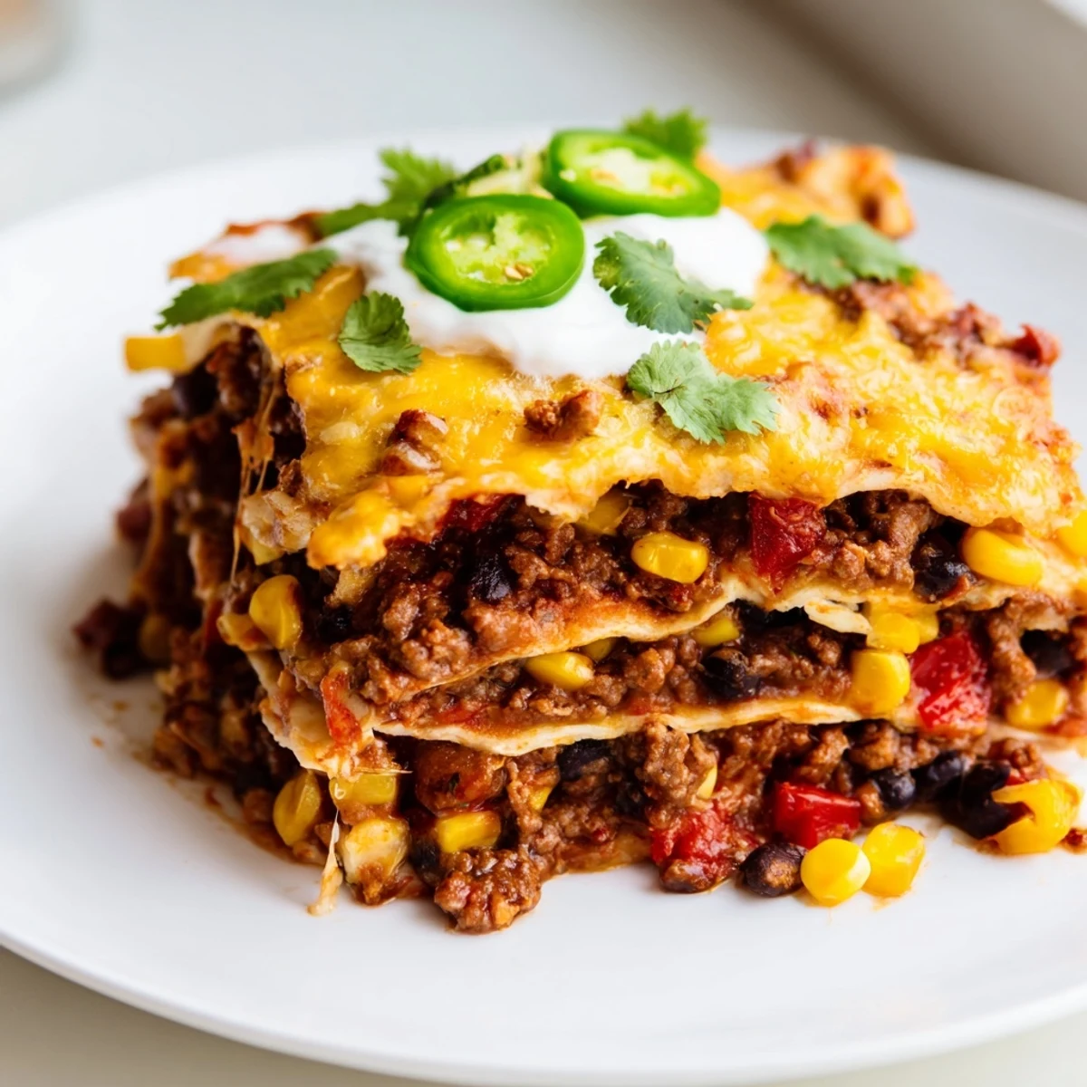 Mexican lasagna bubbling with zesty tomato sauce beans and gooey cheese layers