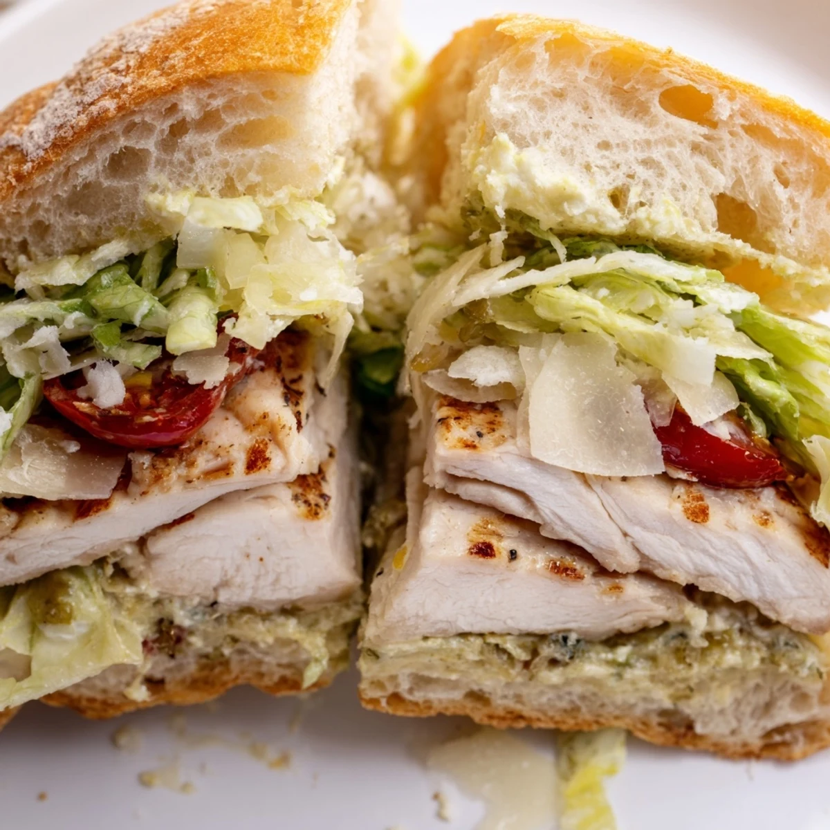 Juicy grilled chicken Caesar sandwich piled high with crisp romaine and creamy dressing on toasted ciabatta