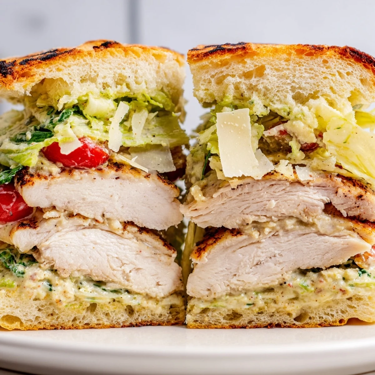 Toasted chicken Caesar sandwich with shaved Parmesan and fresh romaine served on a golden crusty roll