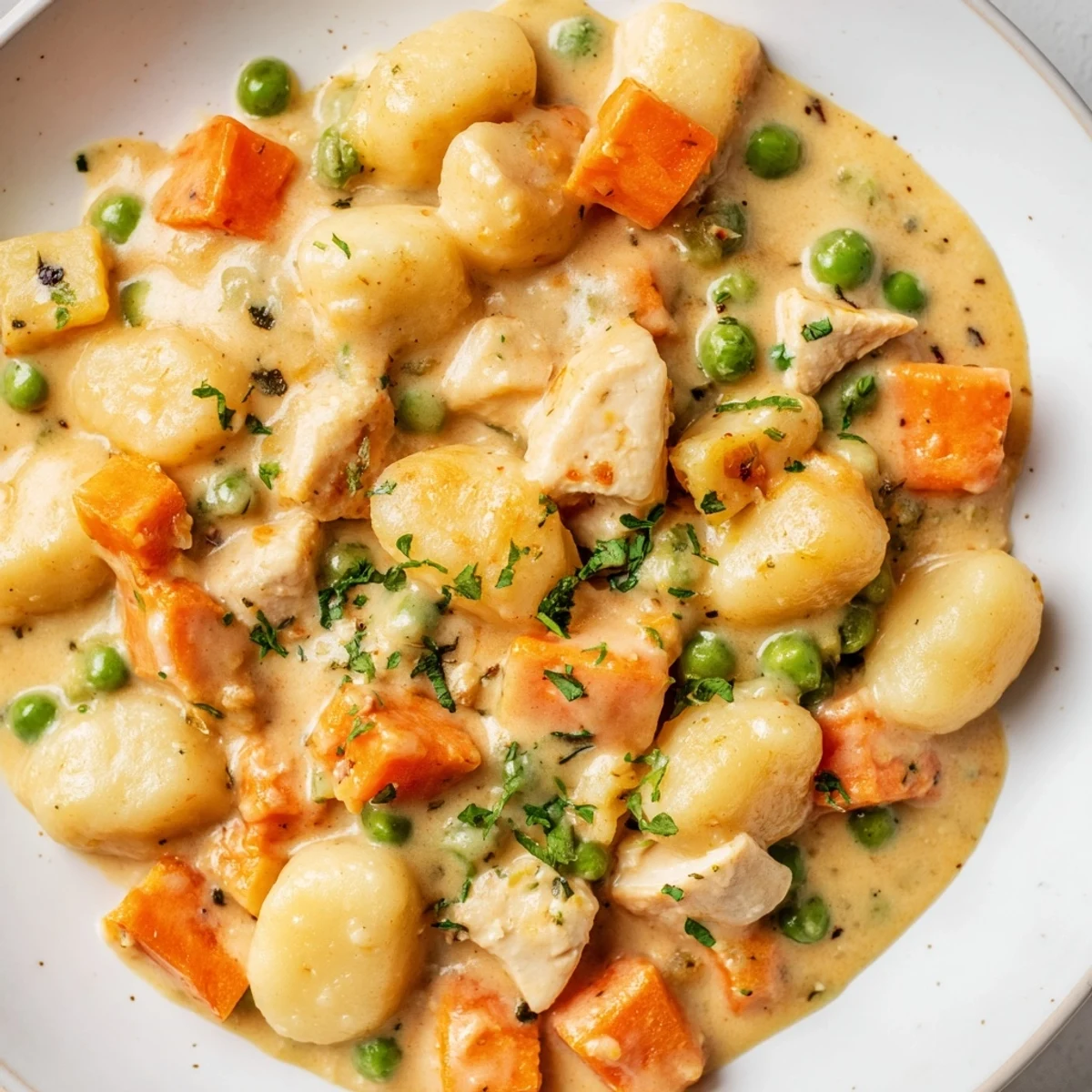 Creamy one pot gnocchi chicken pot pie with tender vegetables in golden savory sauce