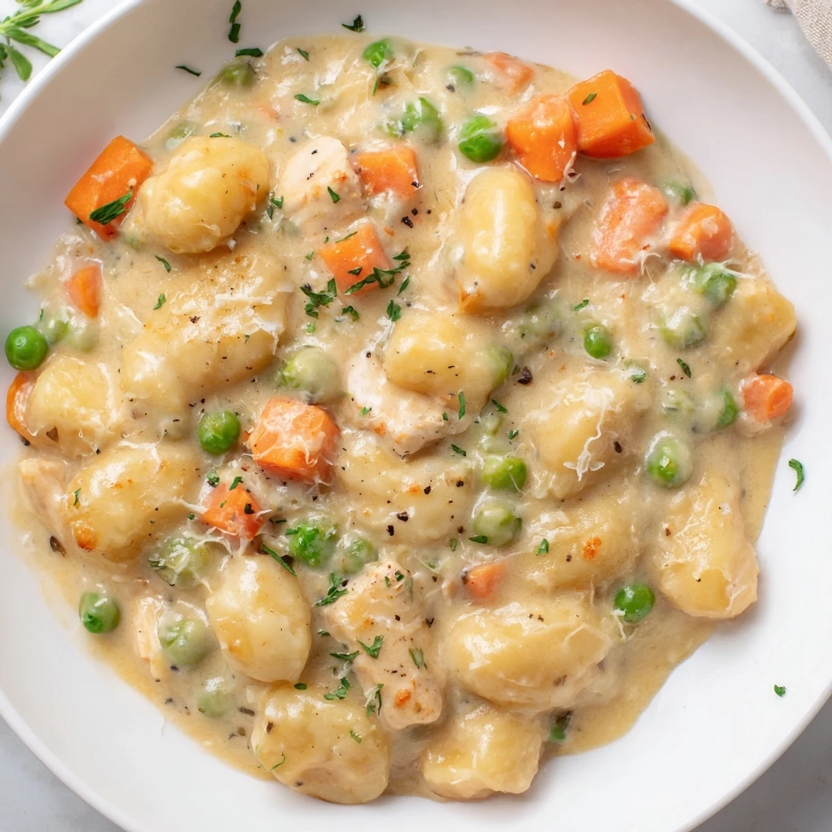 One pot gnocchi chicken pot pie topped with fresh parsley in rustic skillet