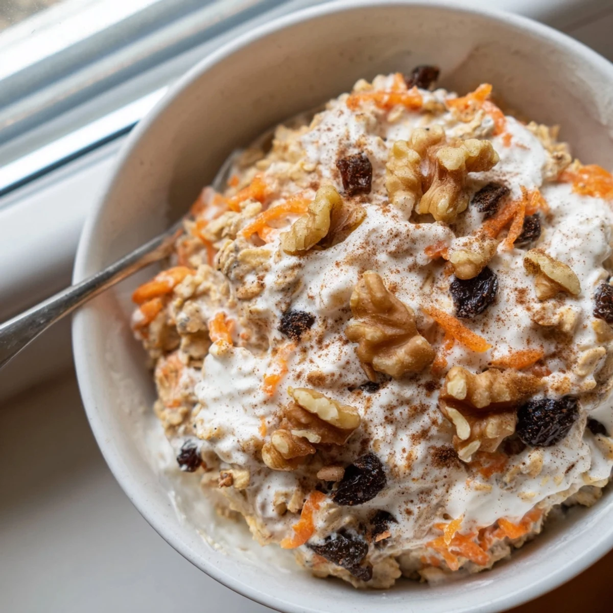 Creamy carrot cake overnight oats topped with crunchy walnuts in a glass jar