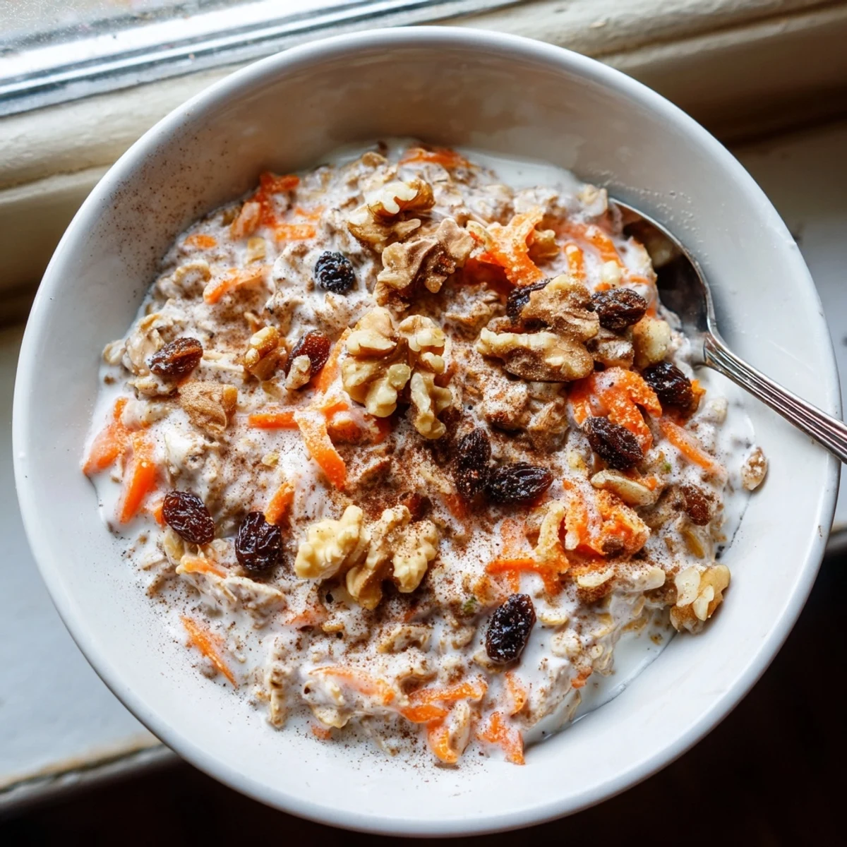 Carrot cake overnight oats with shredded carrots and raisins in a white bowl