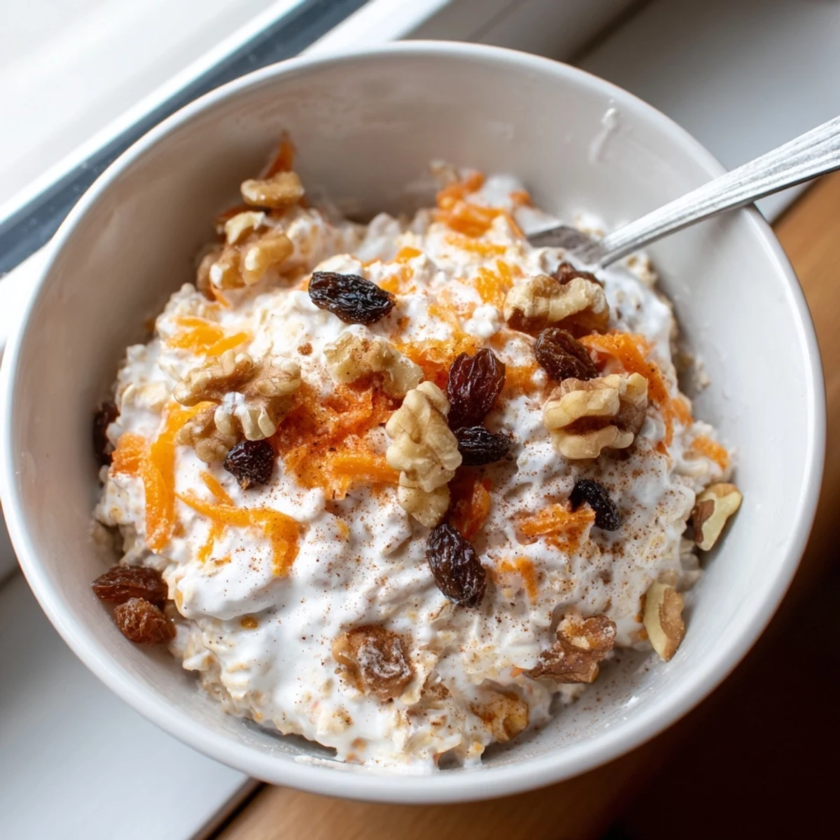 Spoon scooping into carrot cake overnight oats garnished with cinnamon and pecans