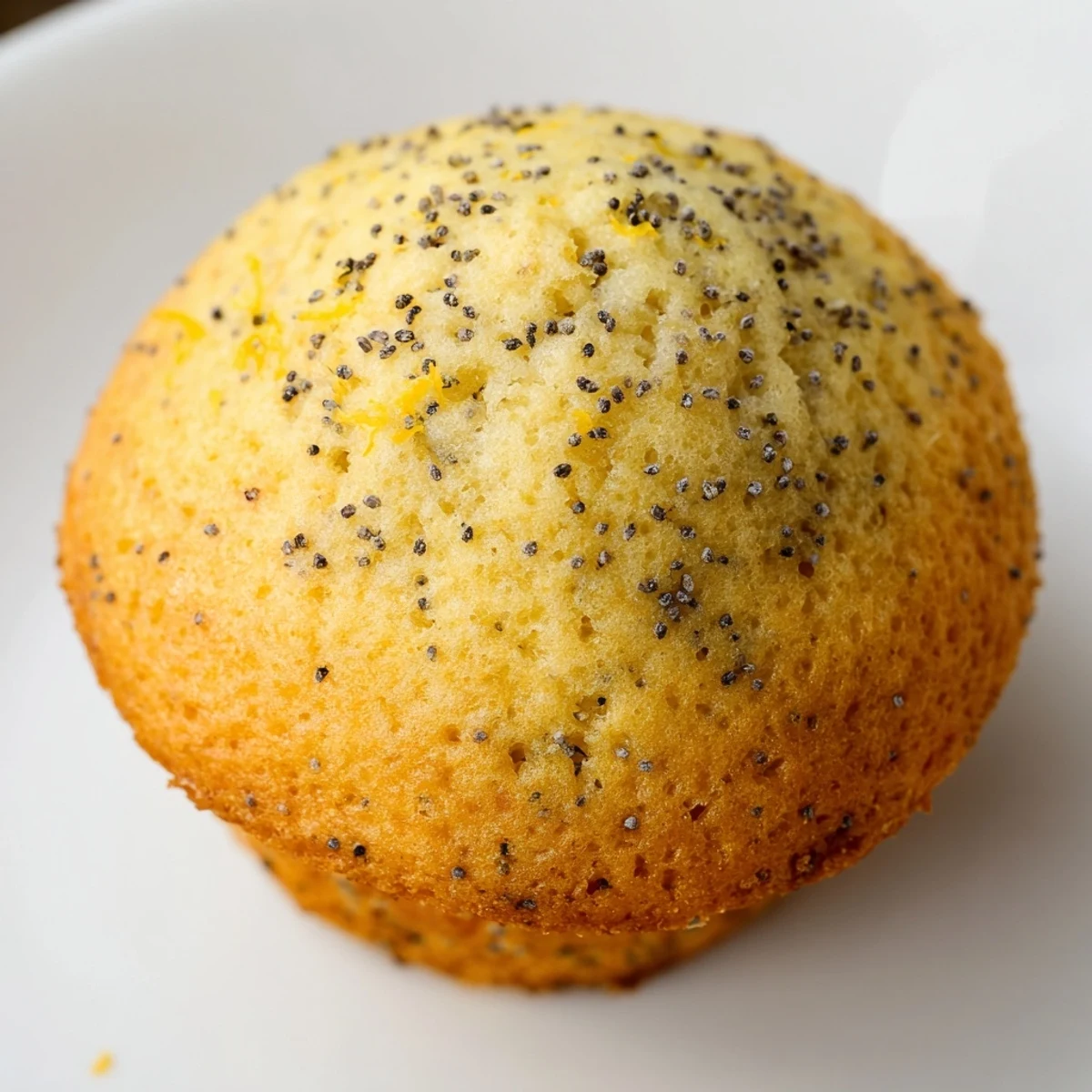 Golden lemon poppy seed muffins with domed tops fresh from the oven on a wire cooling rack