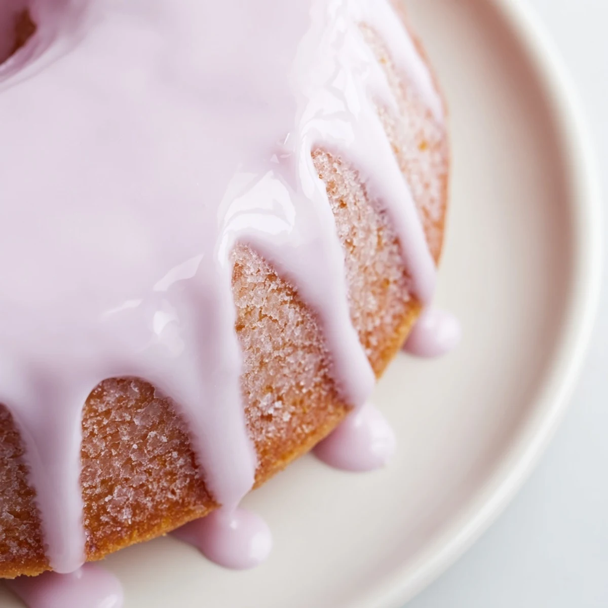 Creamy lavender glaze cascading down a golden pound cake slice with delicate floral sweetness