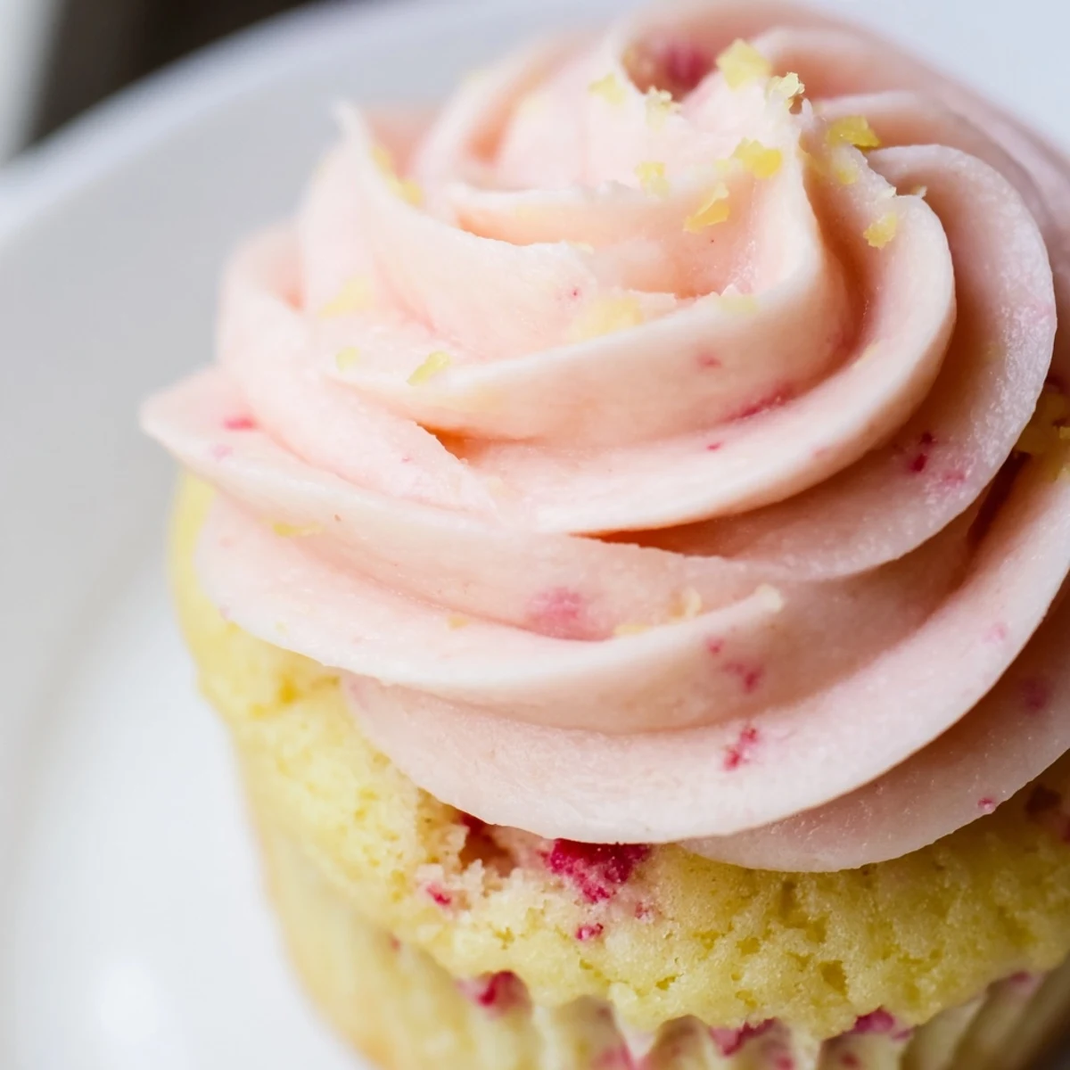 Fresh strawberry lemonade cupcakes with tangy lemon buttercream piled high and garnished with berry slices