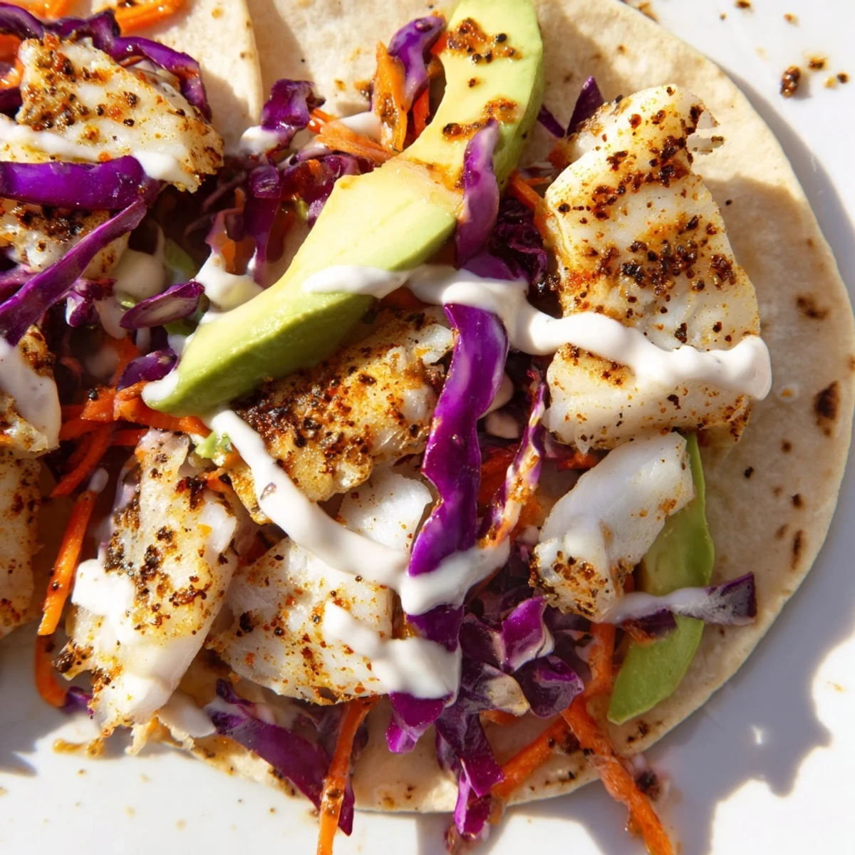 Crispy tilapia fish tacos topped with colorful slaw and creamy drizzle on warm tortillas