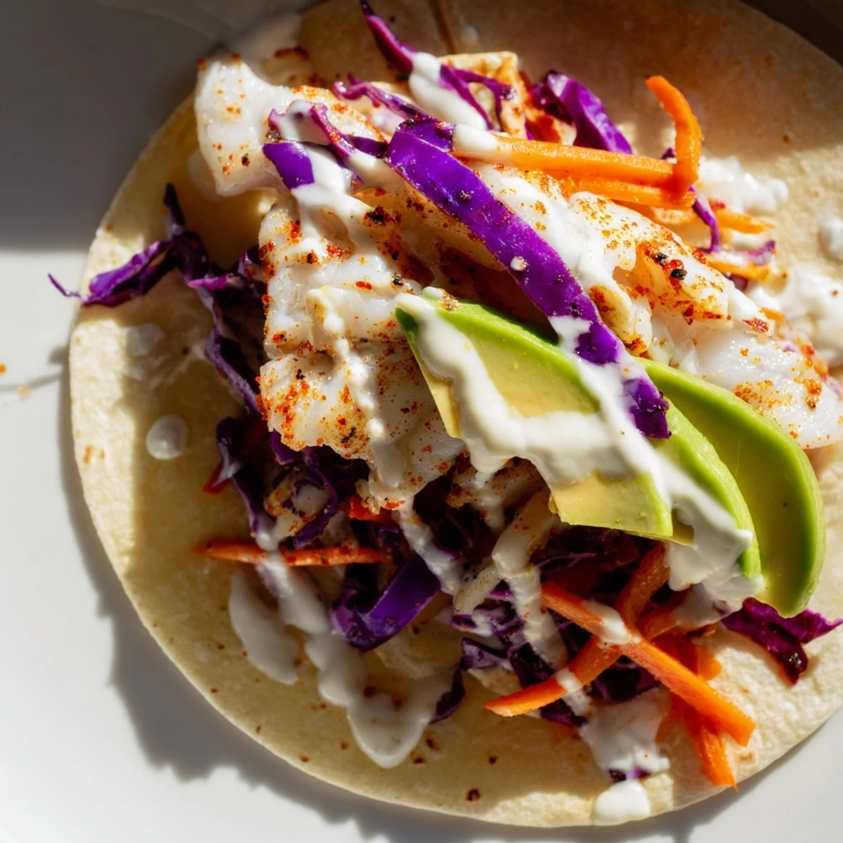 Flaky spiced tilapia fish tacos with fresh cabbage slaw and zesty lime crema