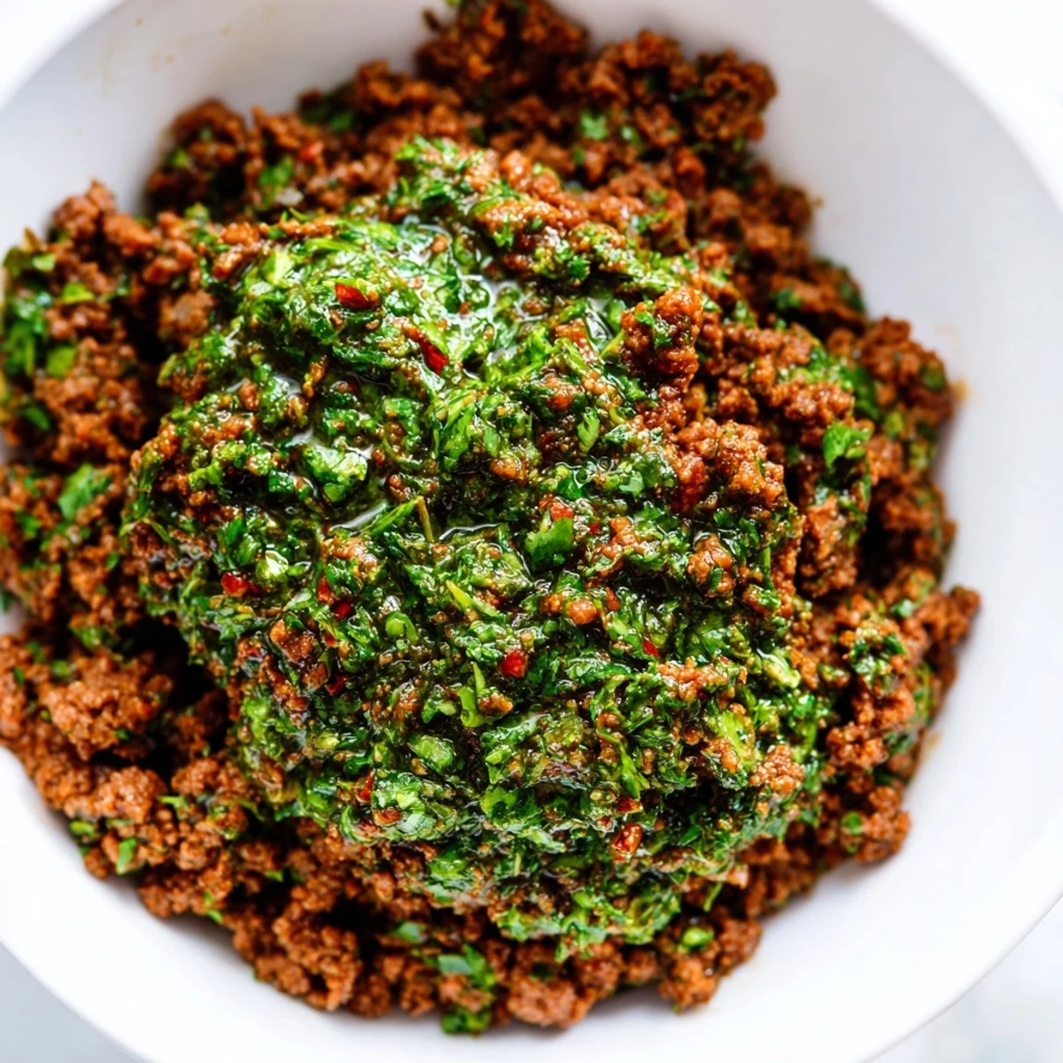 Chimichurri ground beef bowls with vibrant green sauce drizzled over fluffy white rice and fresh vegetables