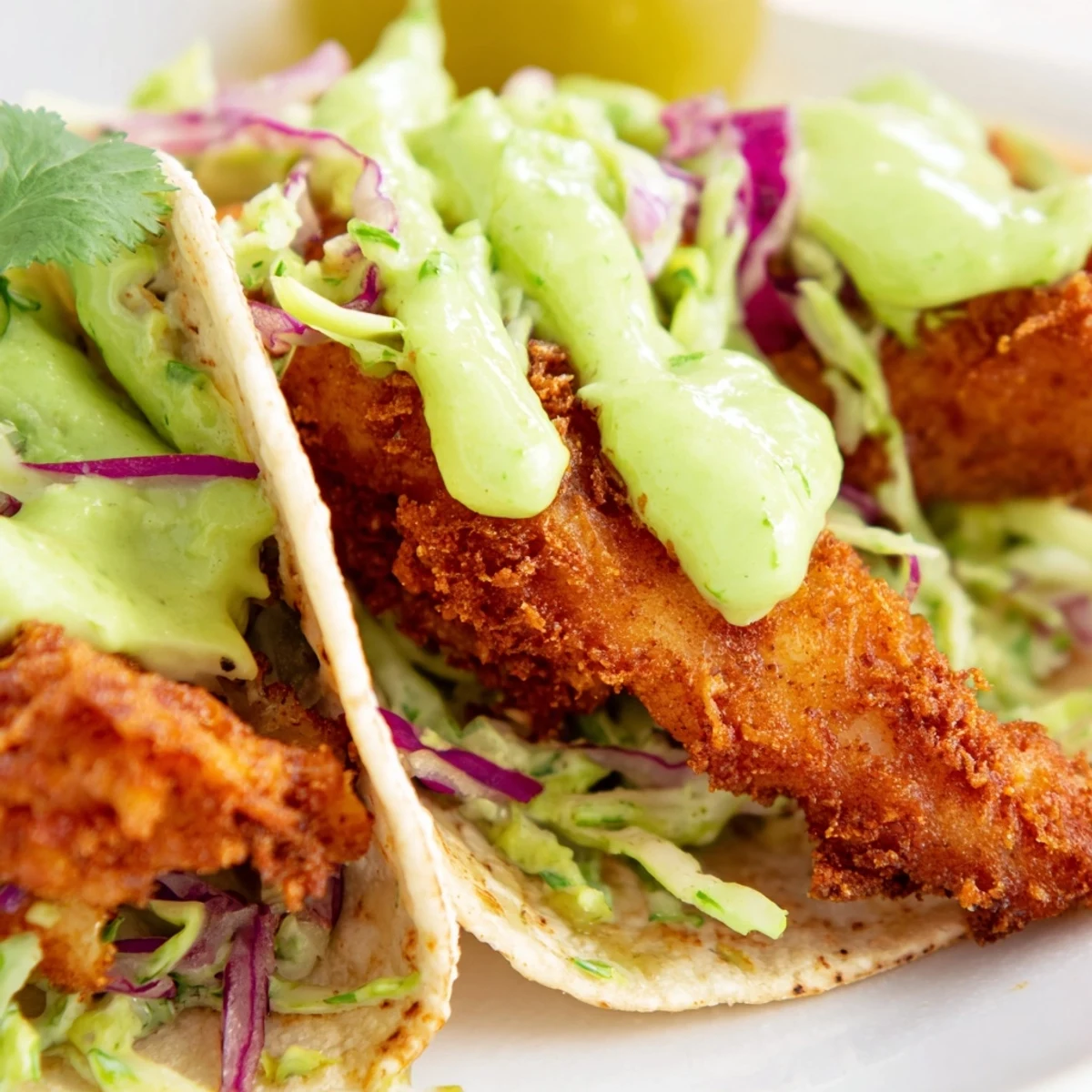Crispy golden Baja fish tacos topped with fresh cabbage slaw and creamy avocado crema drizzle