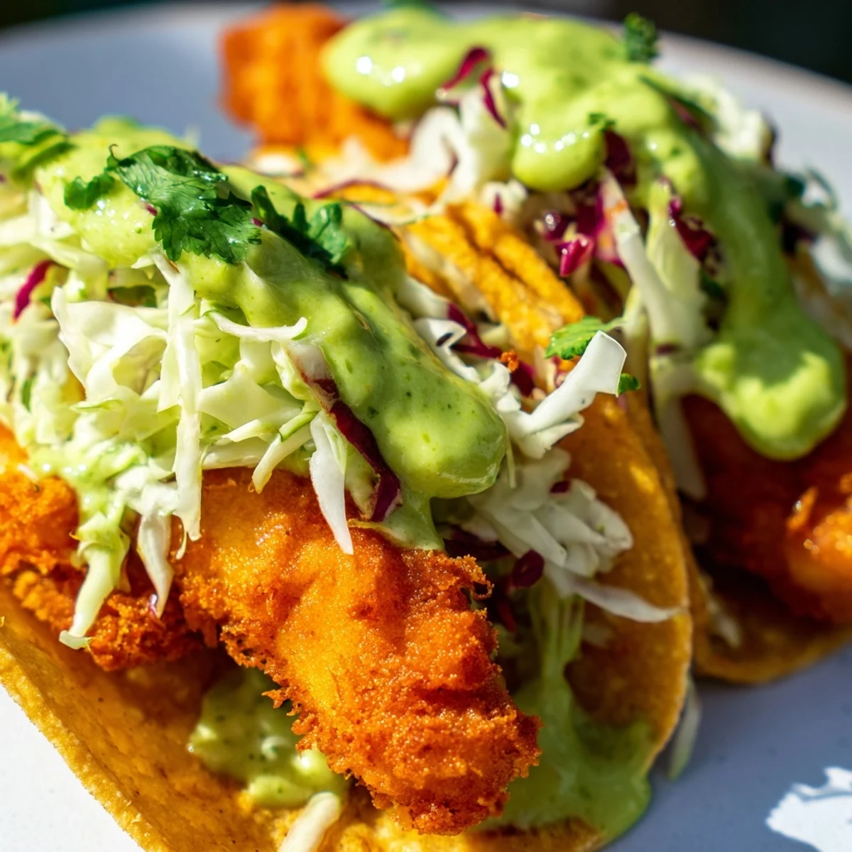 Warm corn tortillas filled with beer-battered Baja fish tacos and tangy green avocado sauce