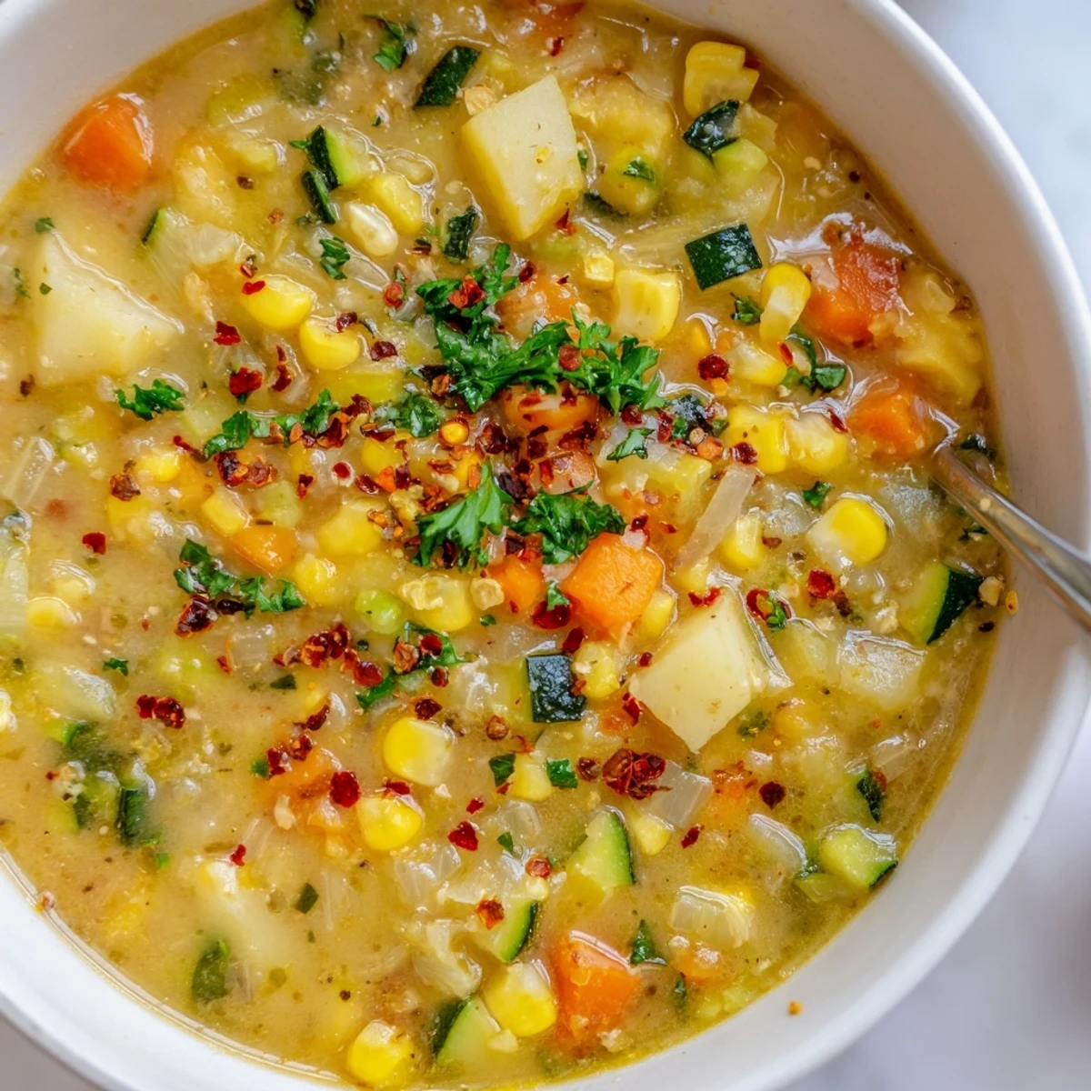 Creamy potato corn zucchini soup in a rustic bowl with fresh parsley garnish